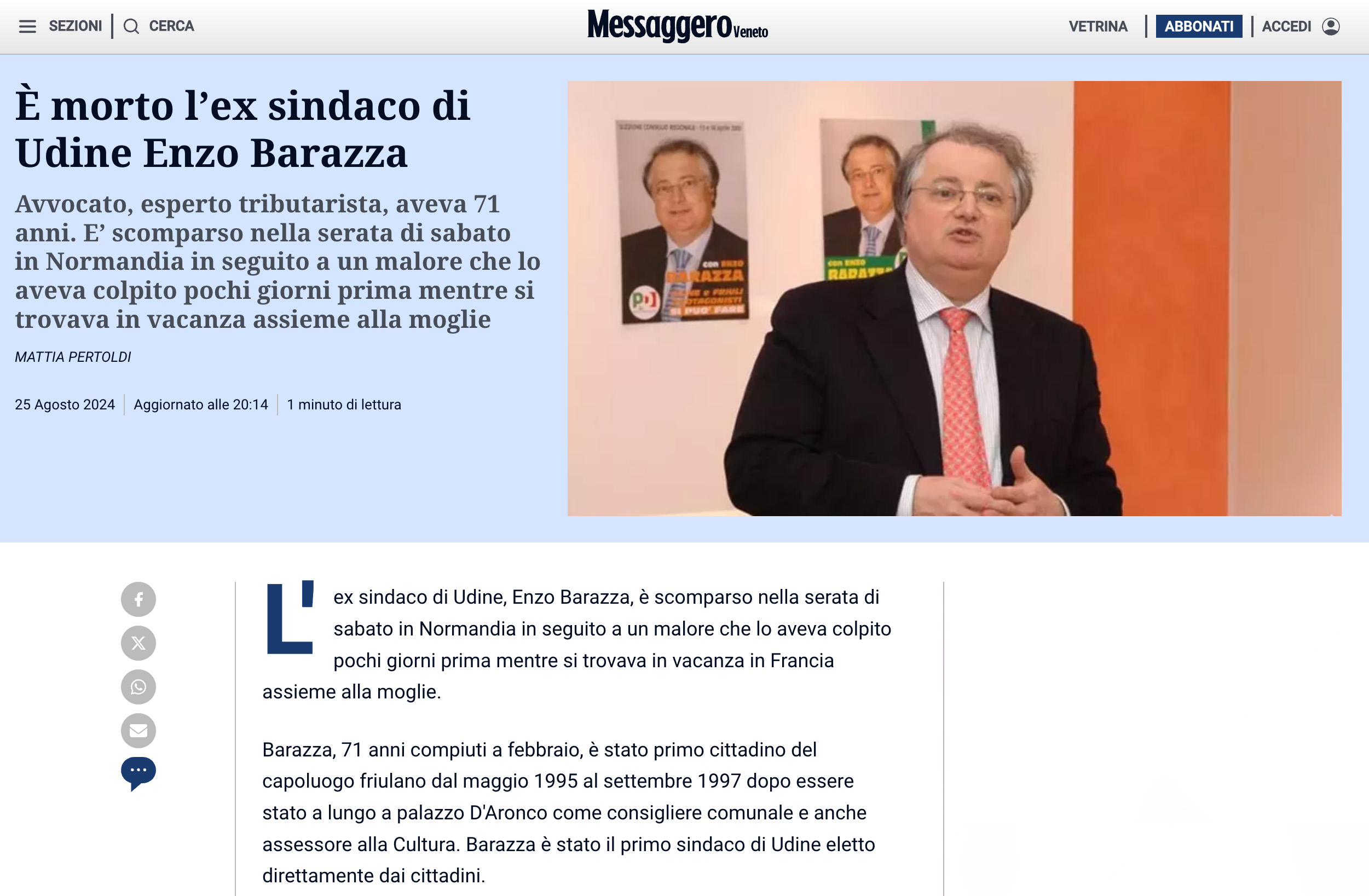 lex sindaco di Udine Enzo Barazza